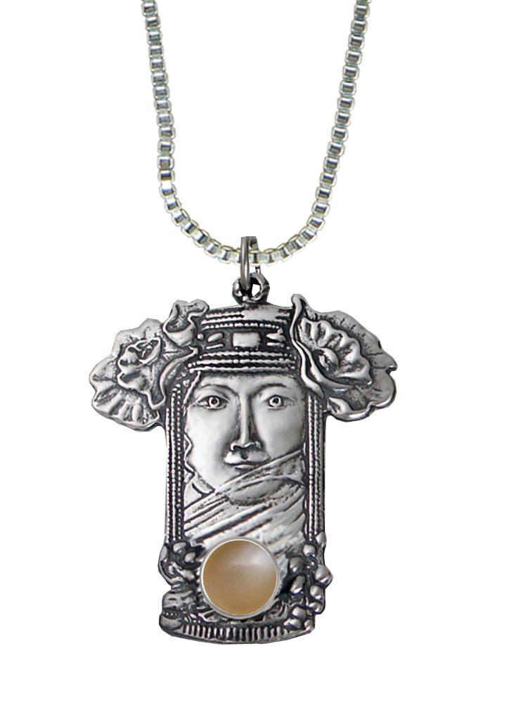 Sterling Silver Veiled Woman Maiden Pendant With Peach Moonstone